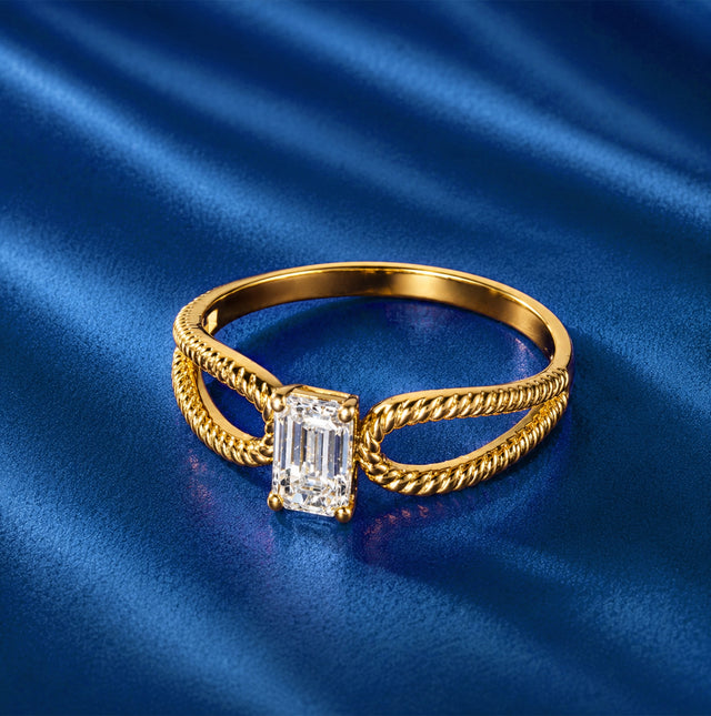 Emerald Cut Rope Twist Solitaire Ring