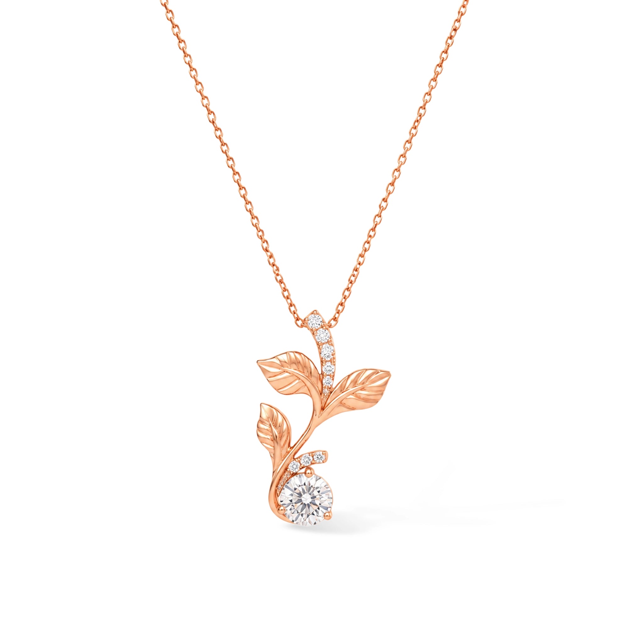 Round Cut Botanical Leaf Pendant Necklace