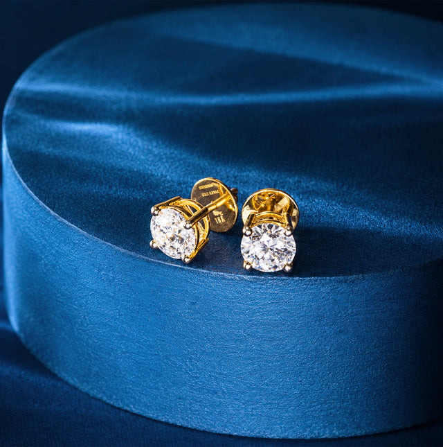 Round Brilliant Solitaire Stud Earrings — Yellow Gold