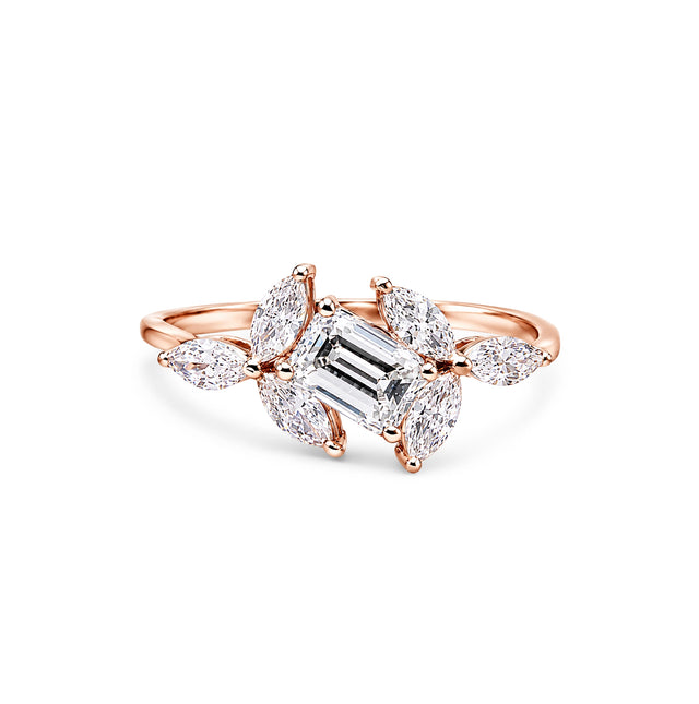 Emerald Cut Marquise Cluster Solitaire Ring