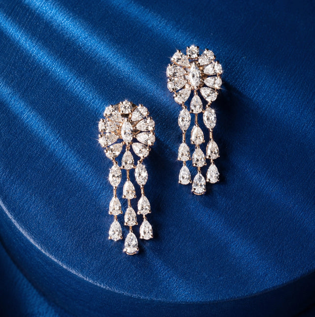 Mixed Cut Flower Cluster and Pear Fringe Chandelier Earrings