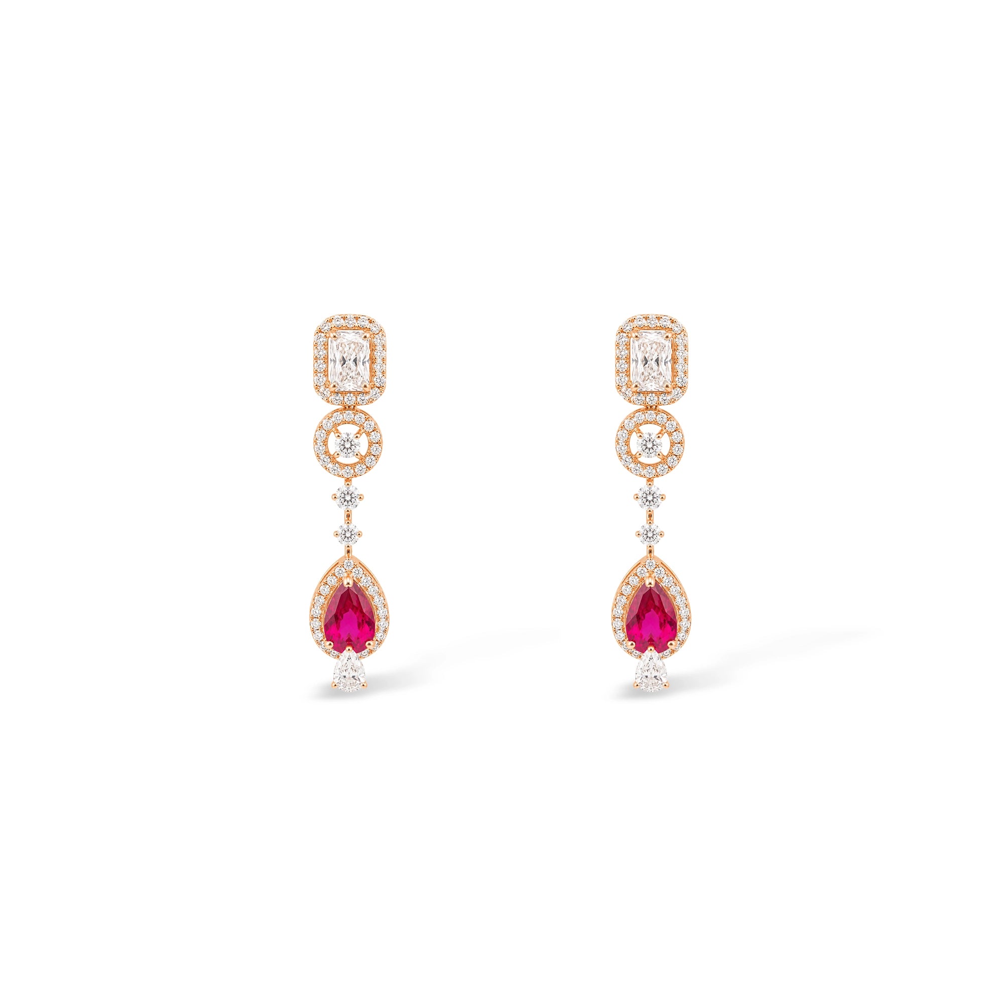 Radiant Cut Diamond Halo and Ruby Pear Drop Earrings