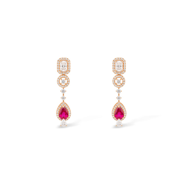 Radiant Cut Diamond Halo and Ruby Pear Drop Earrings