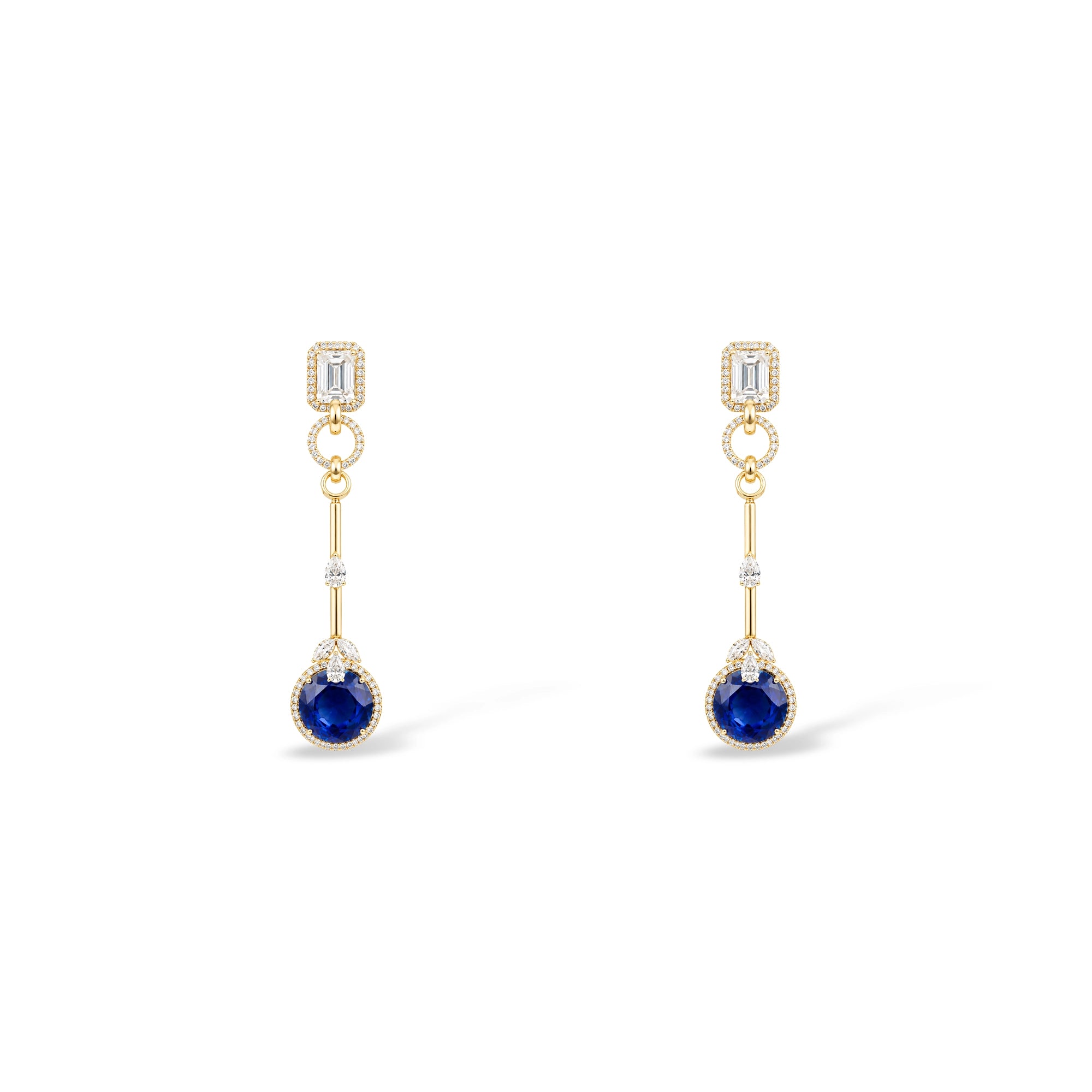Sapphire Round Drop and Emerald Cut Diamond Earrings