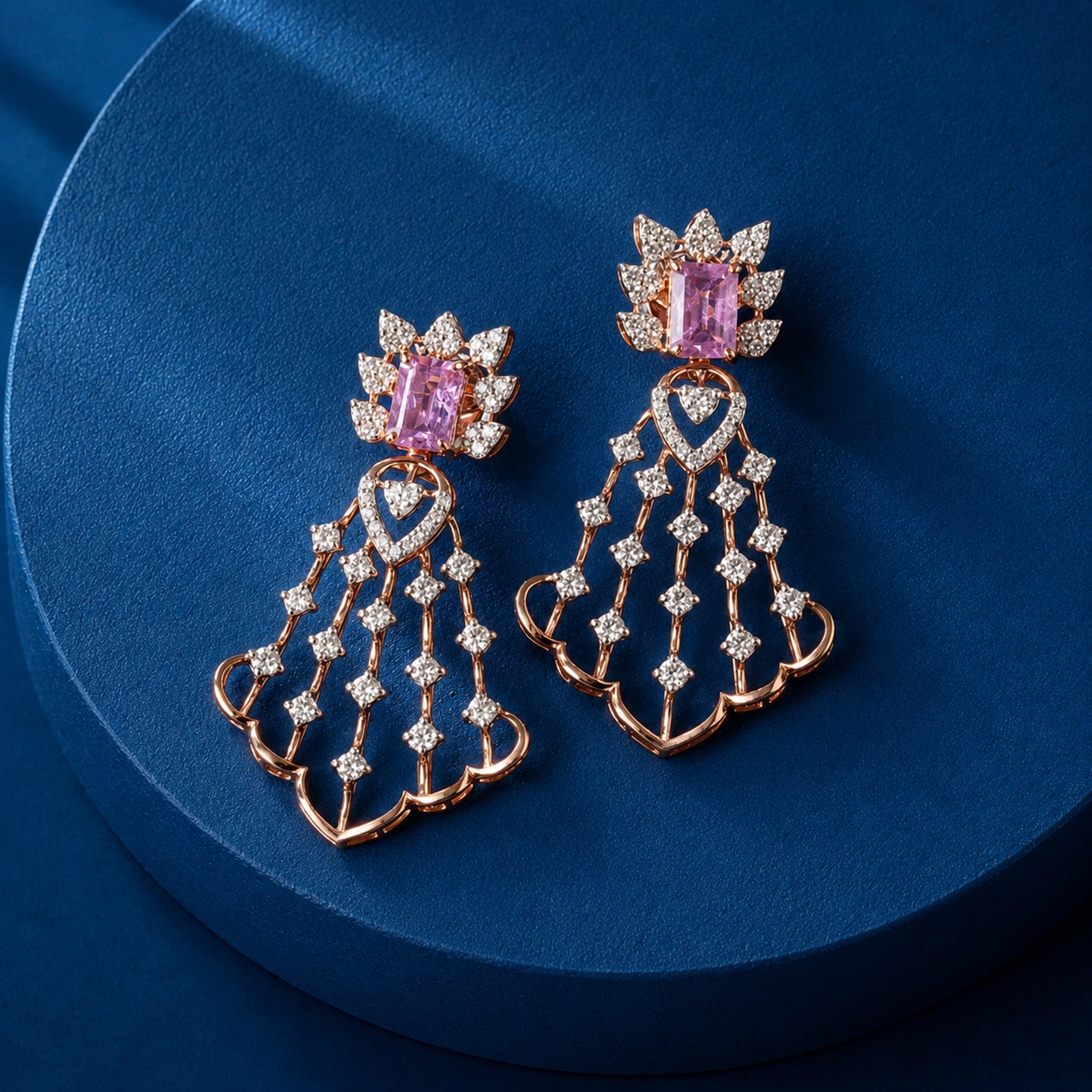 Pink Sapphire Fan Top and Scallop Lattice Chandelier Earrings