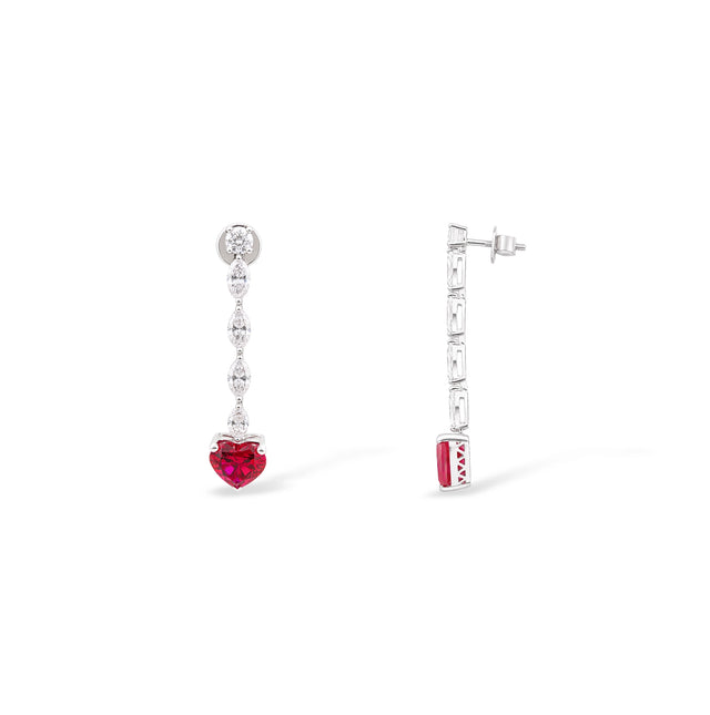 Ruby Heart and Diamond Chain Drop Earrings