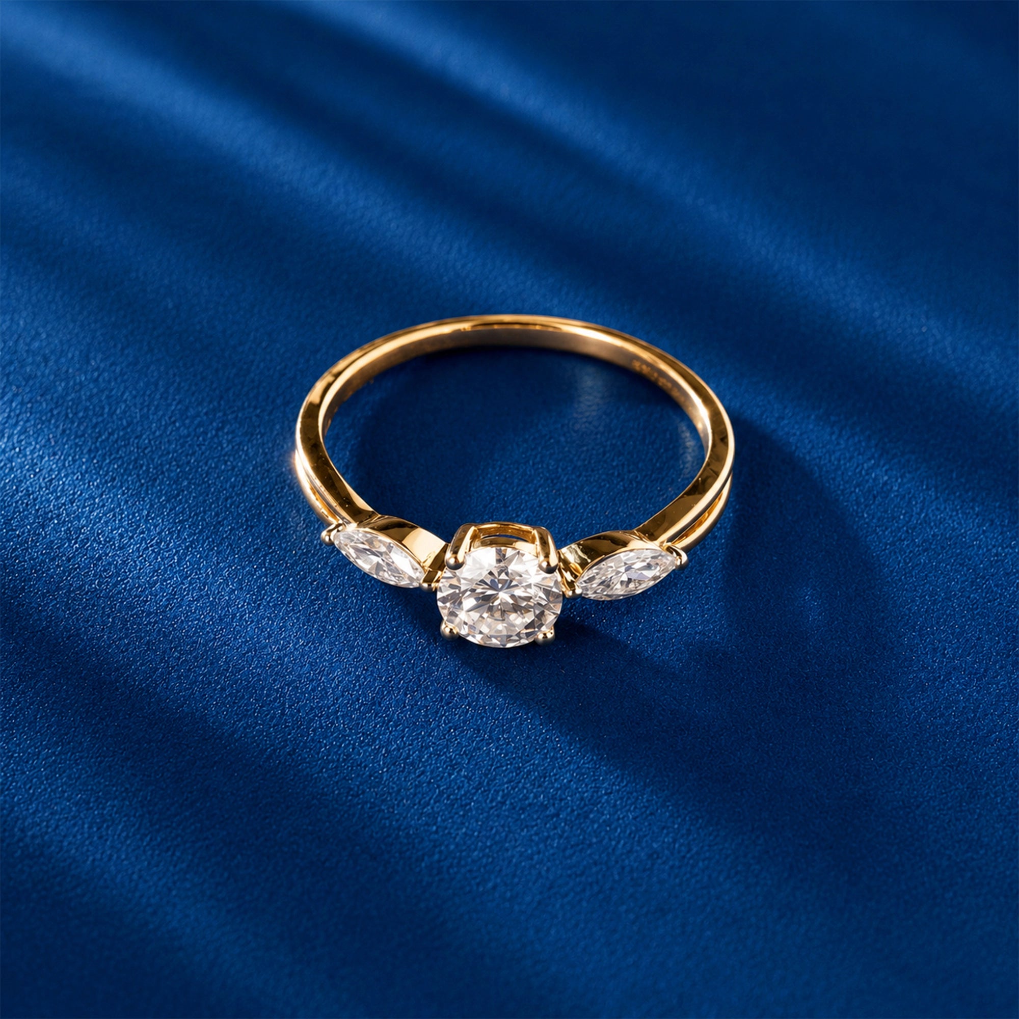 Round and Marquise Three Stone Ring, Yellow Gold