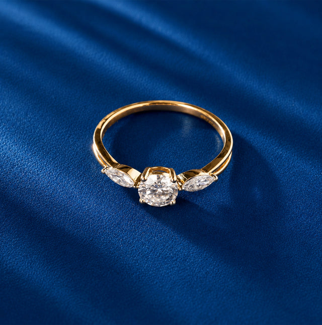Round and Marquise Three Stone Ring, Yellow Gold