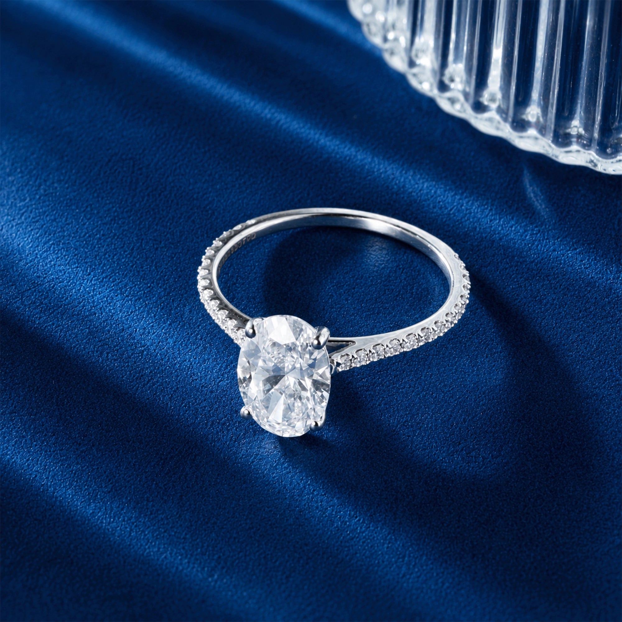 Oval Diamond Pave Shank Ring, White Gold