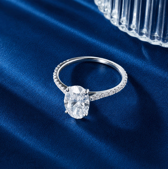 Oval Diamond Pave Shank Ring, White Gold