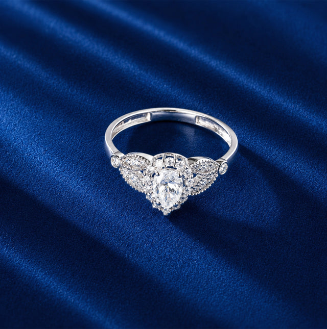Vintage Pear Halo Ring, White Gold
