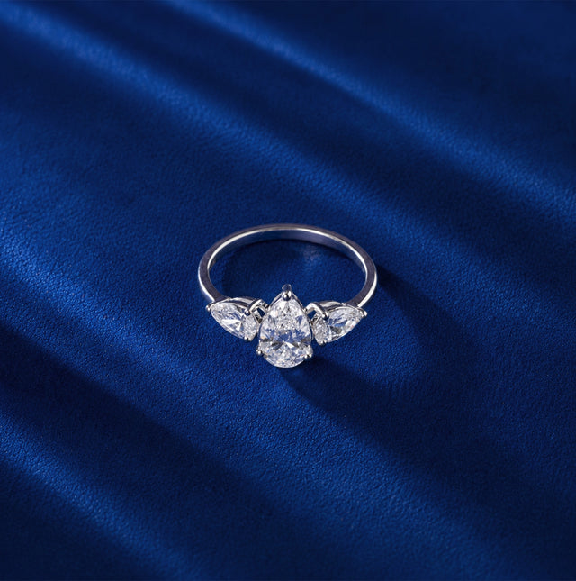 Pear Three Stone Ring, White Gold