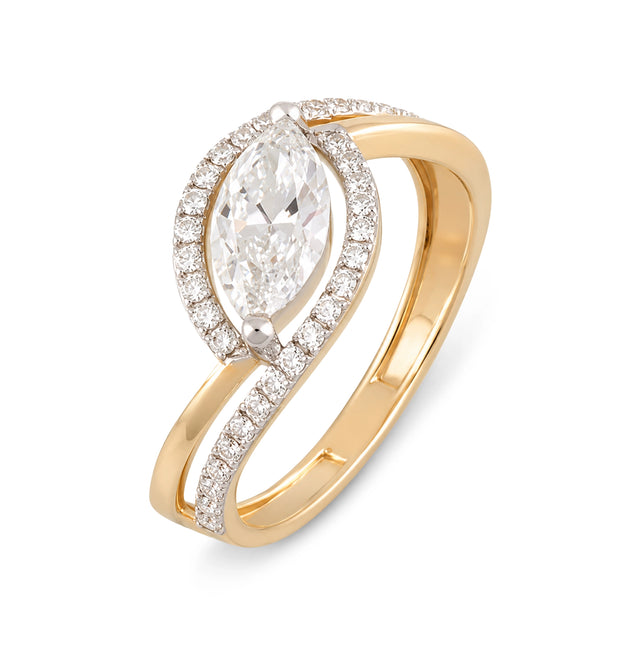 Marquise Halo Bypass Ring, Yellow Gold