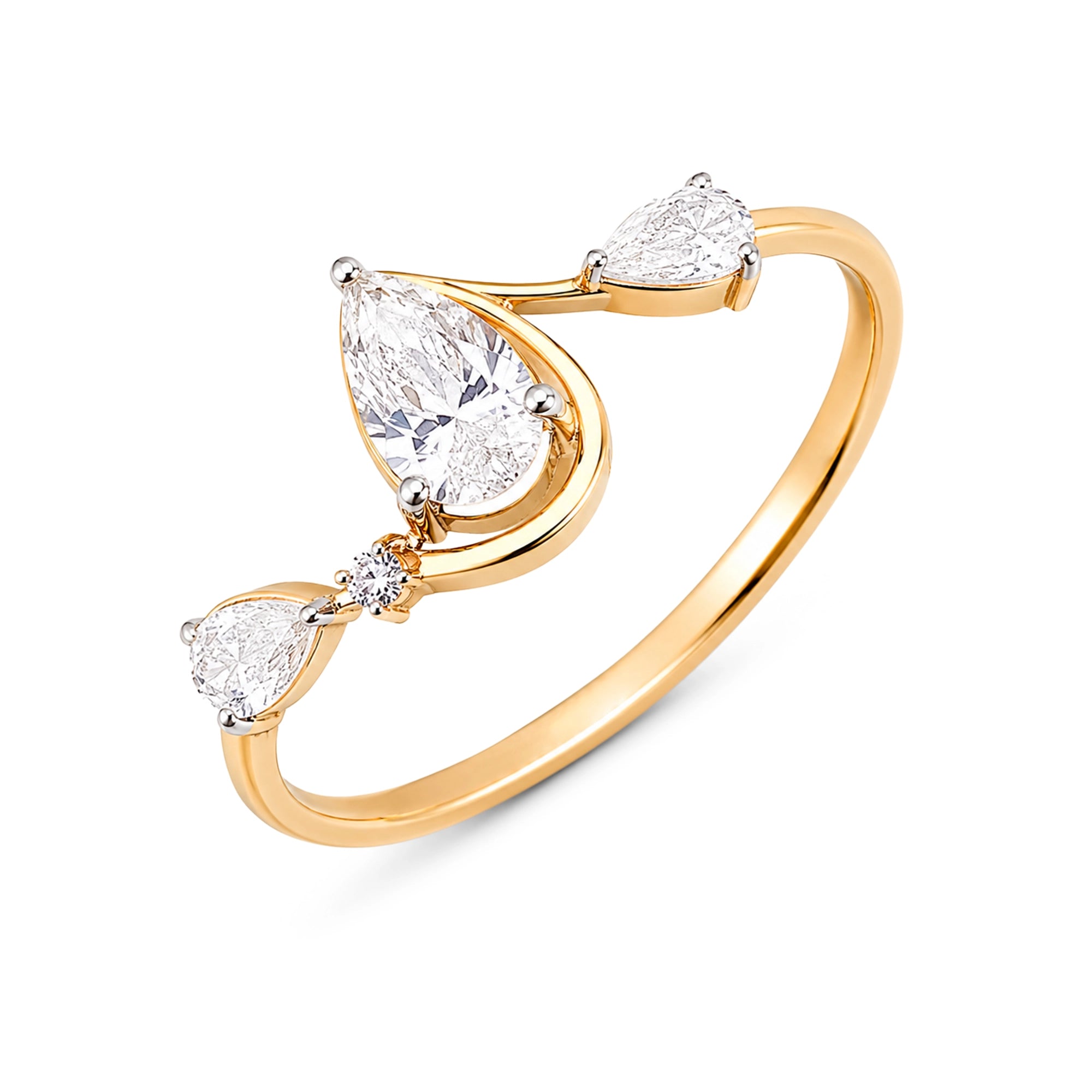 Three Stone Pear Diamond Ring, Yellow Gold