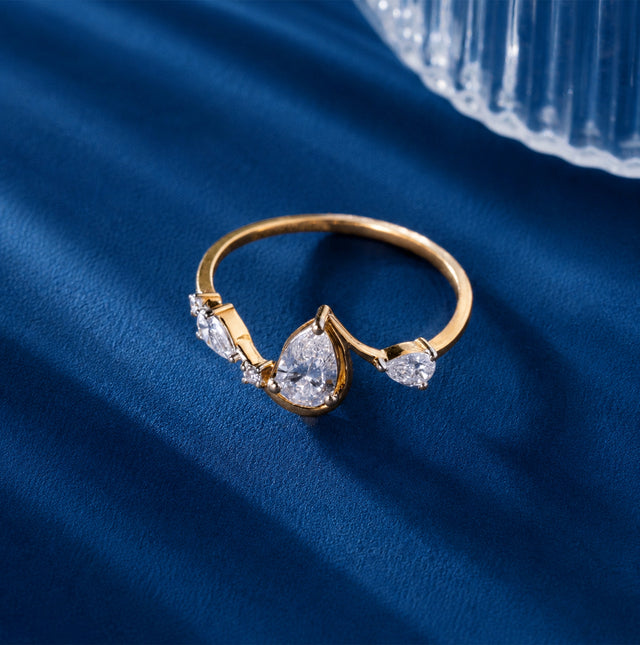 Three Stone Pear Diamond Ring, Yellow Gold