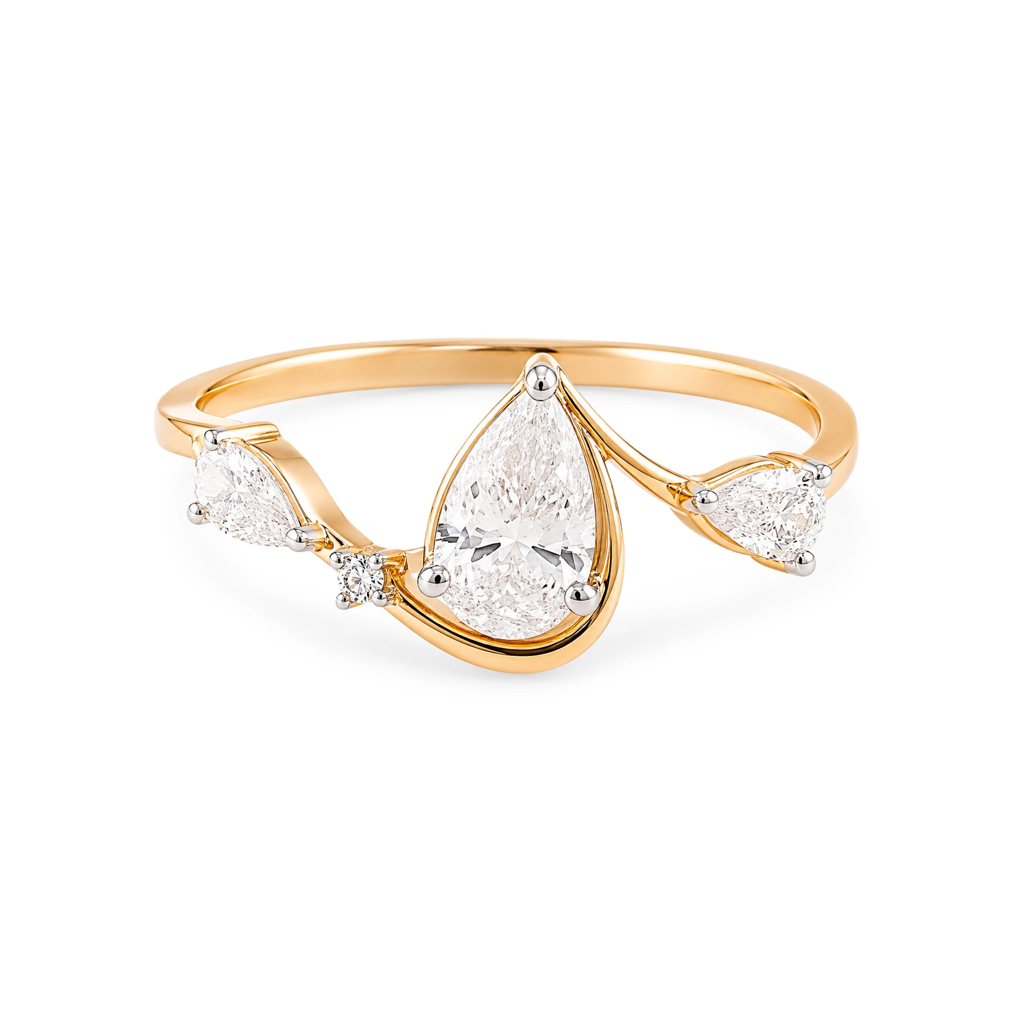 Three Stone Pear Diamond Ring, Yellow Gold