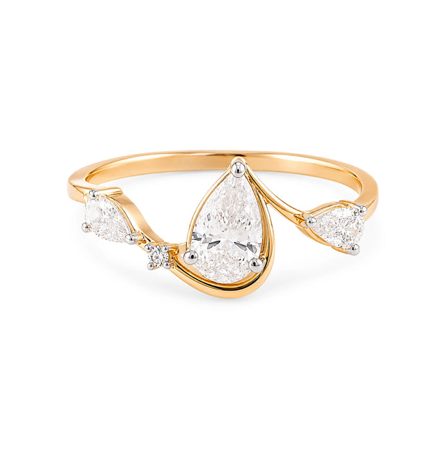 Three Stone Pear Diamond Ring, Yellow Gold