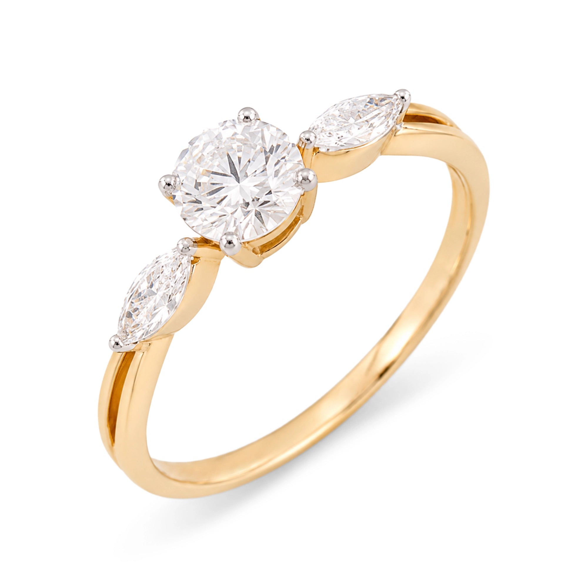 Round and Marquise Three Stone Ring, Yellow Gold