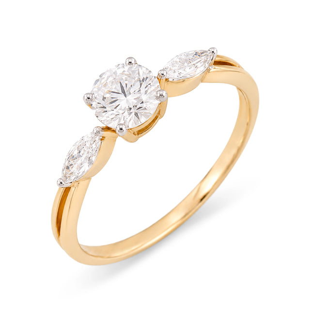 Round and Marquise Three Stone Ring, Yellow Gold
