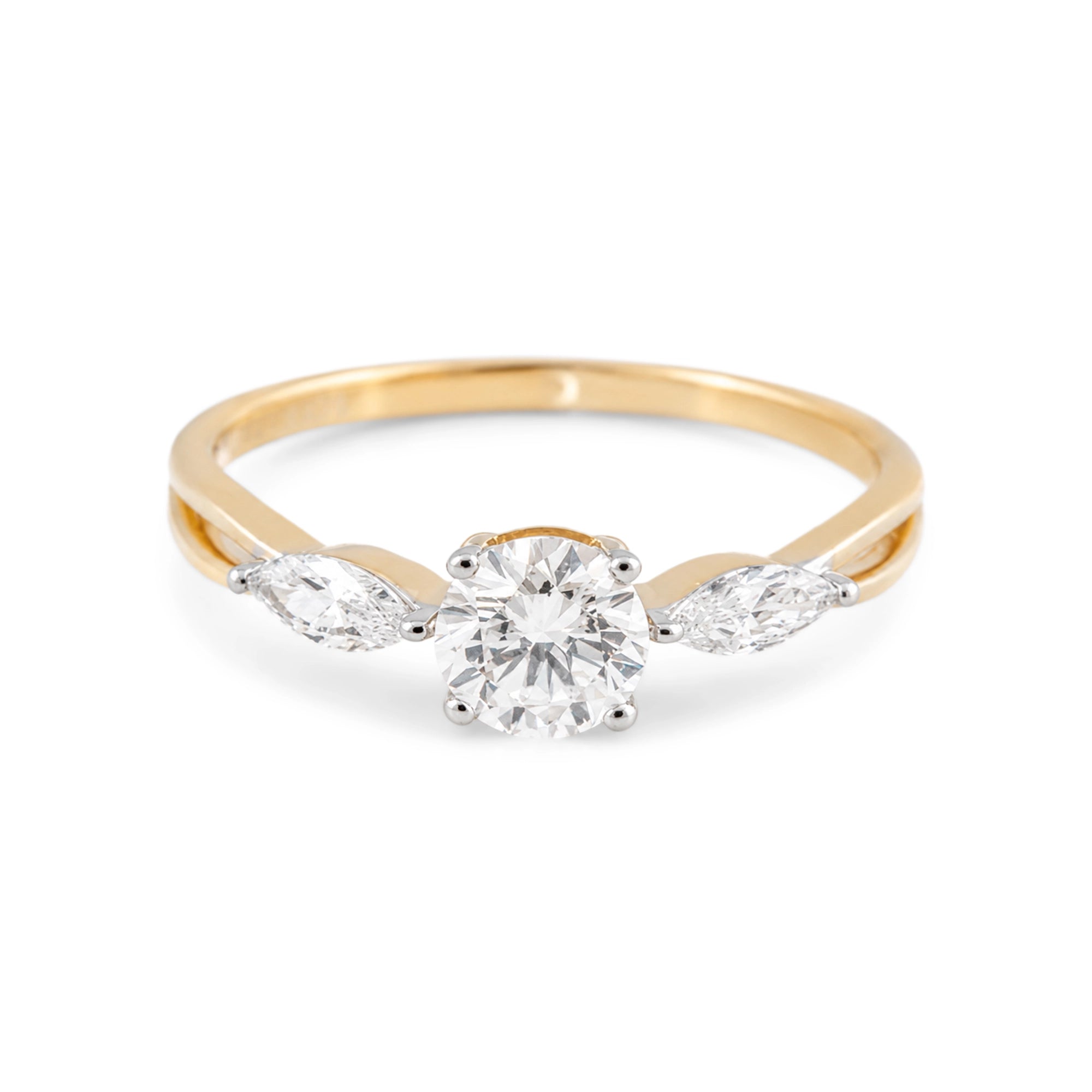 Round and Marquise Three Stone Ring, Yellow Gold