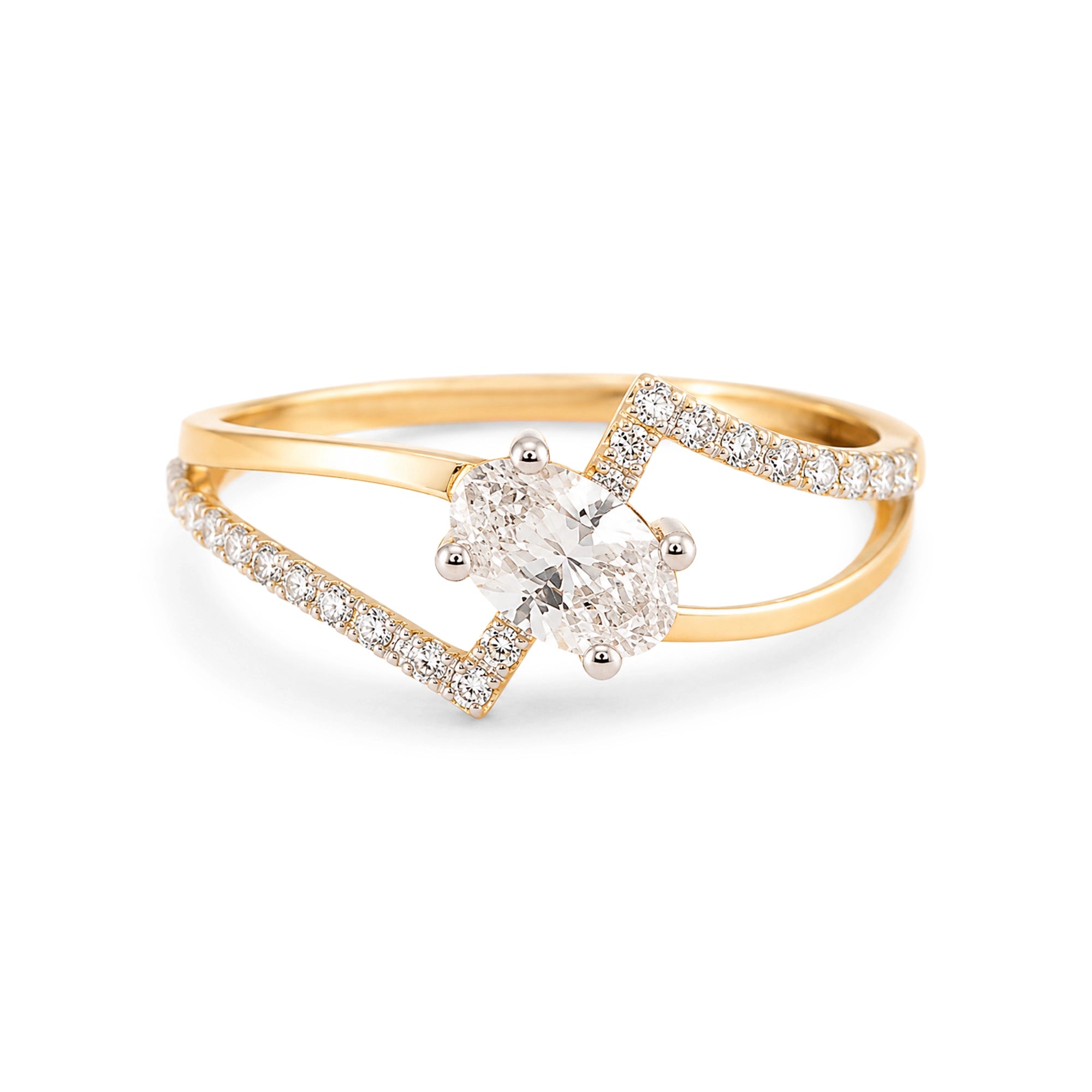 Oval Diamond Chevron Ring, Yellow Gold