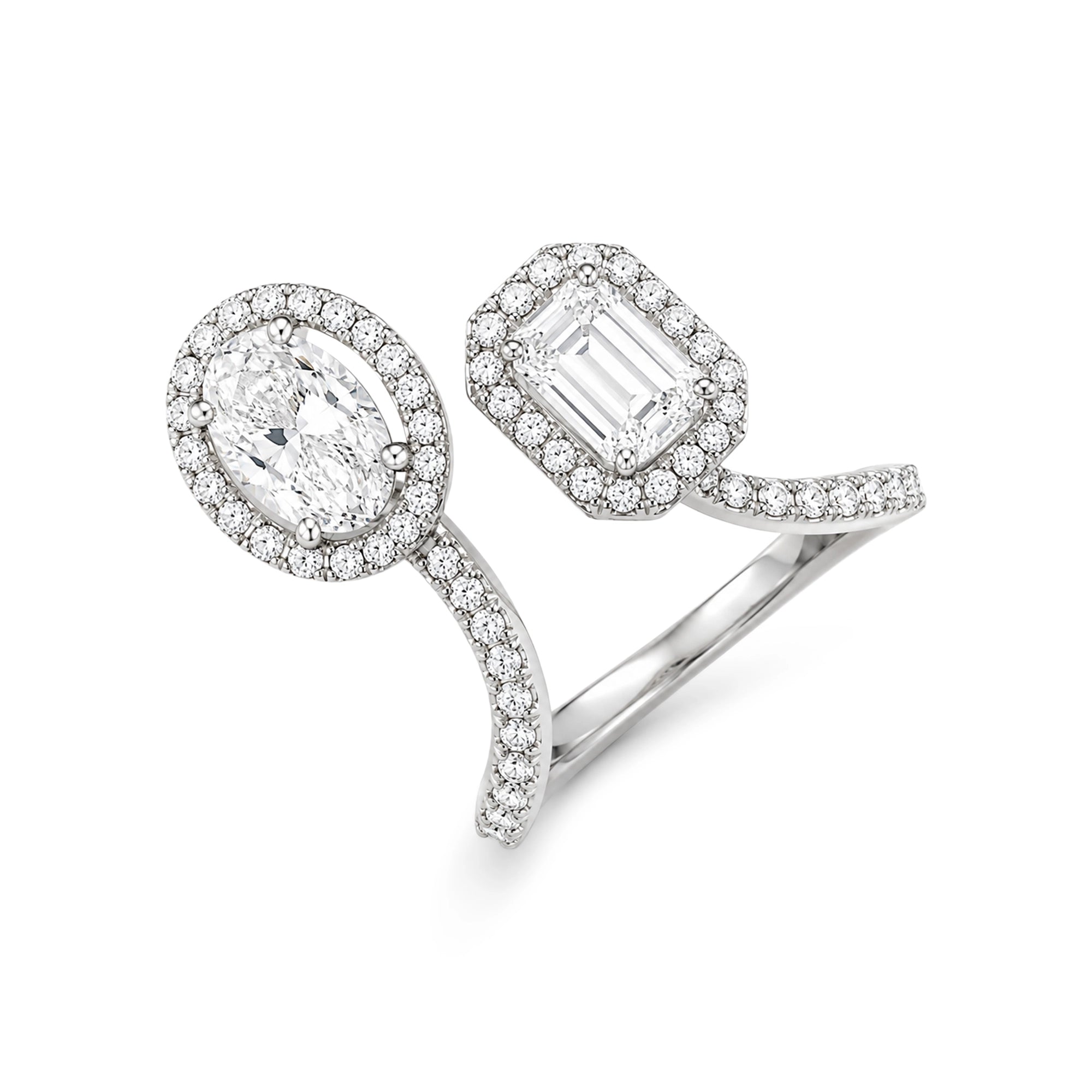Oval and Emerald Cut Toi et Moi Ring, White Gold