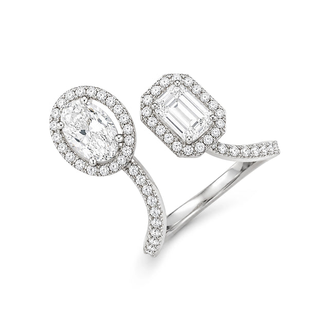 Oval and Emerald Cut Toi et Moi Ring, White Gold