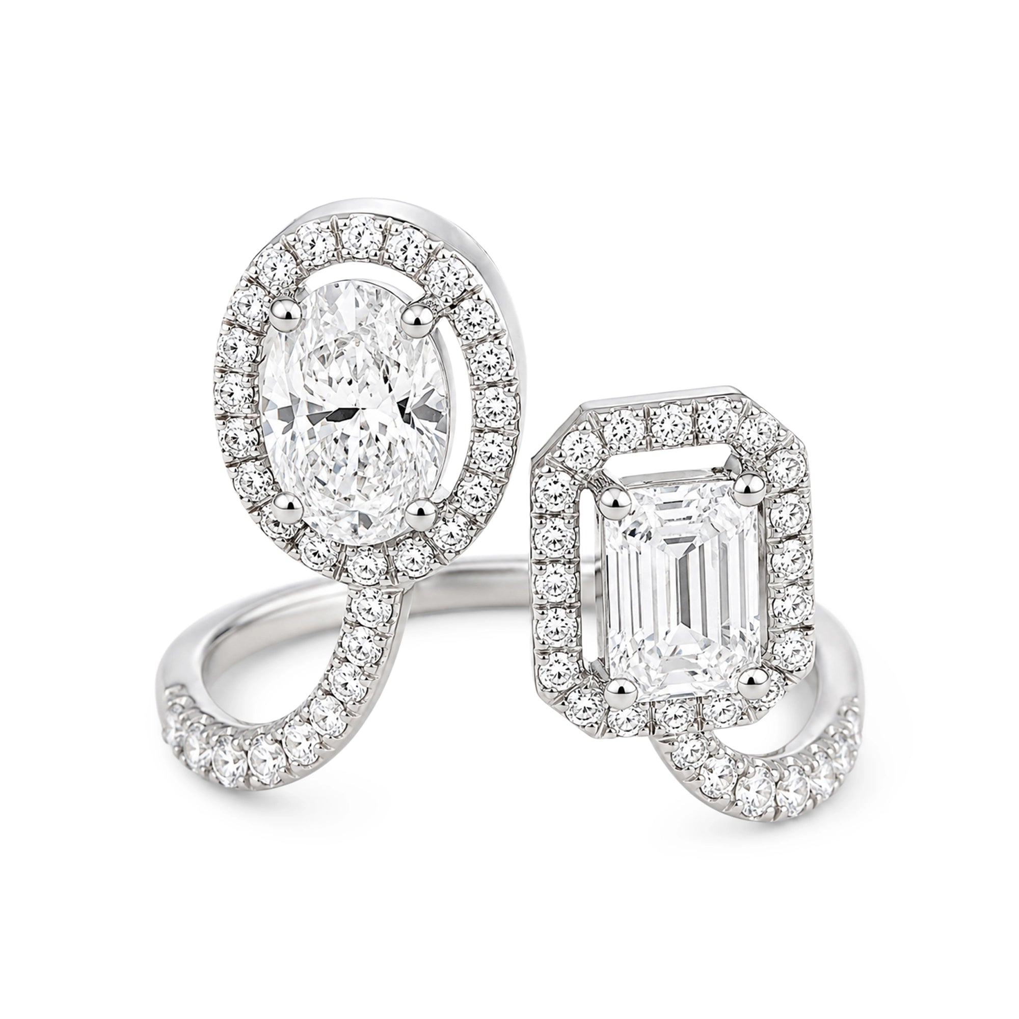 Oval and Emerald Cut Toi et Moi Ring, White Gold