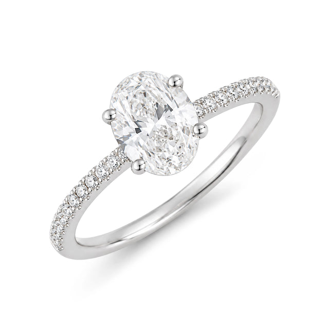 Oval Diamond Pave Shank Ring, White Gold