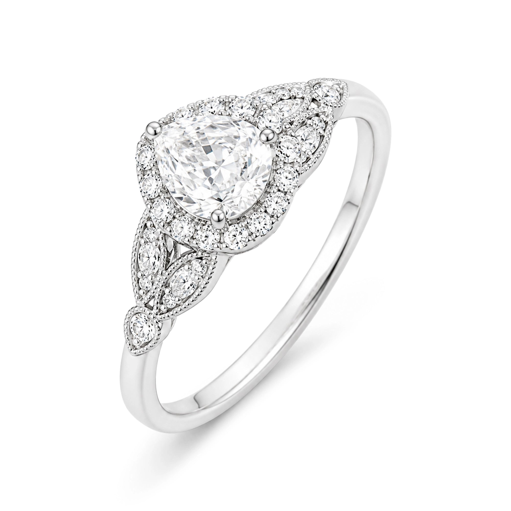 Vintage Pear Halo Ring, White Gold
