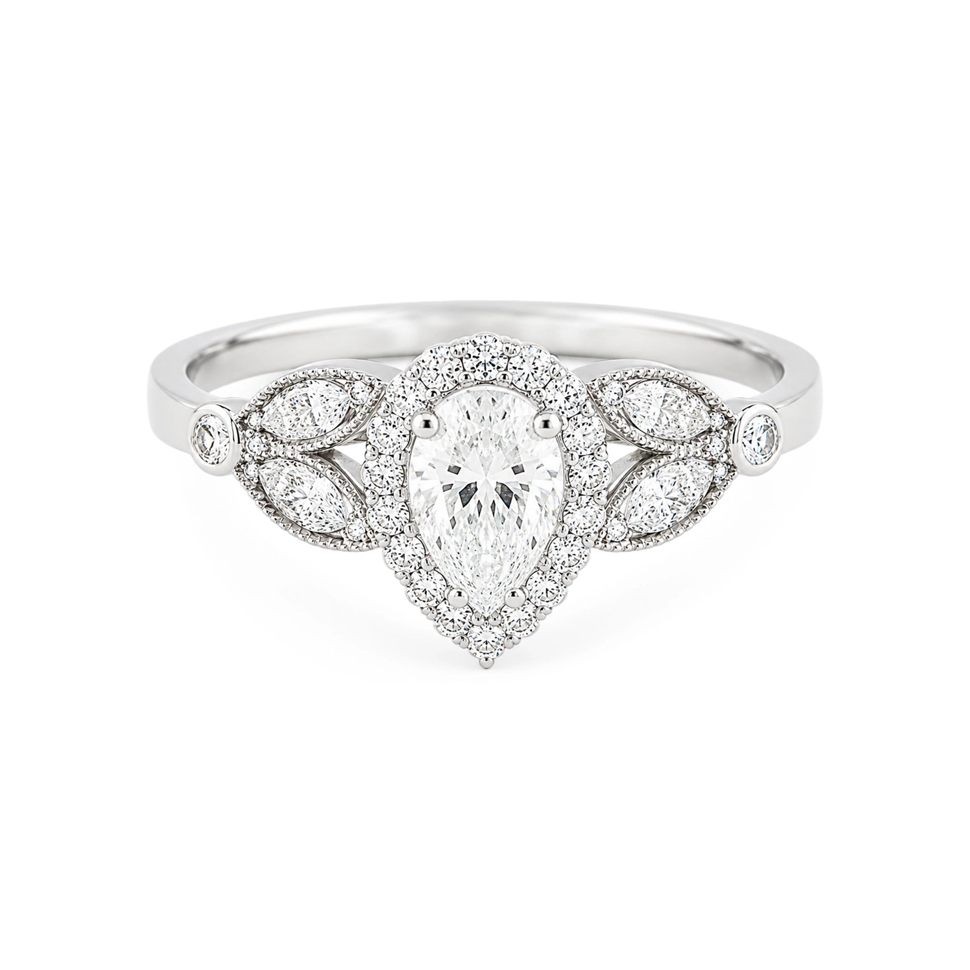 Vintage Pear Halo Ring, White Gold