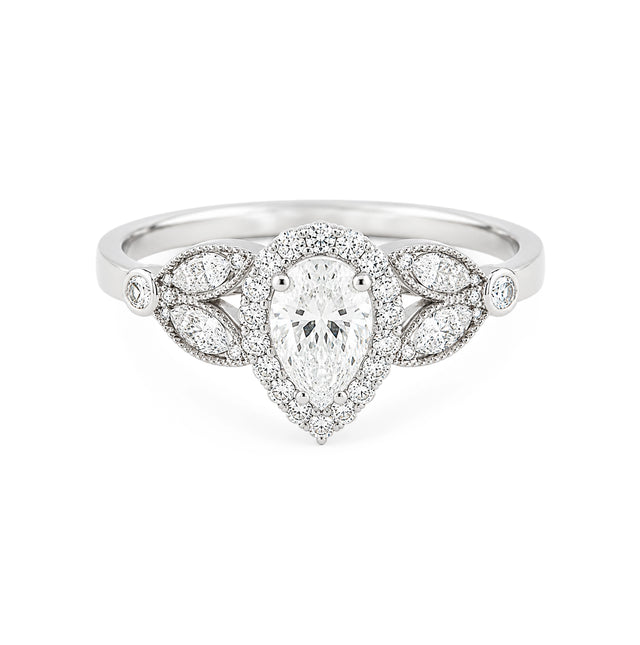 Vintage Pear Halo Ring, White Gold