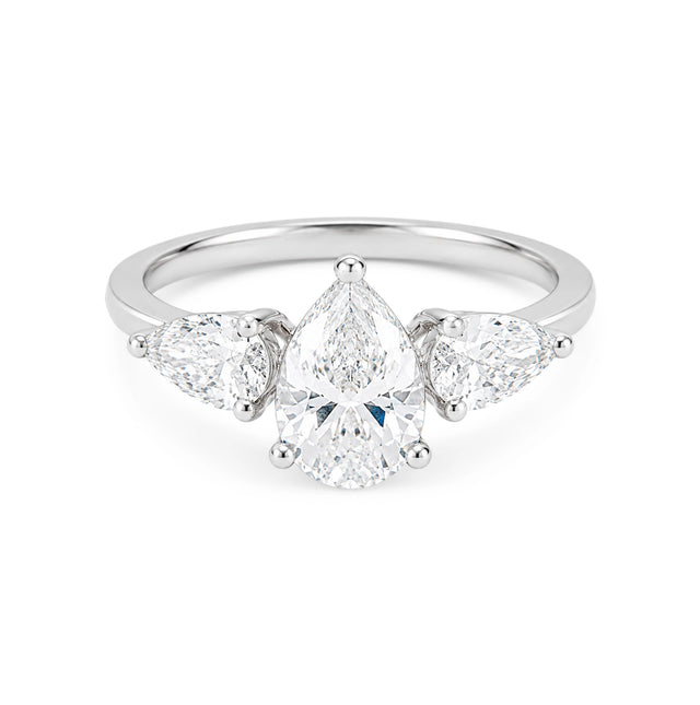 Pear Three Stone Ring, White Gold