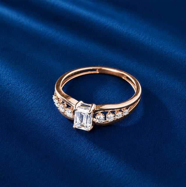 Emerald Cut Side Stone Ring, Rose Gold