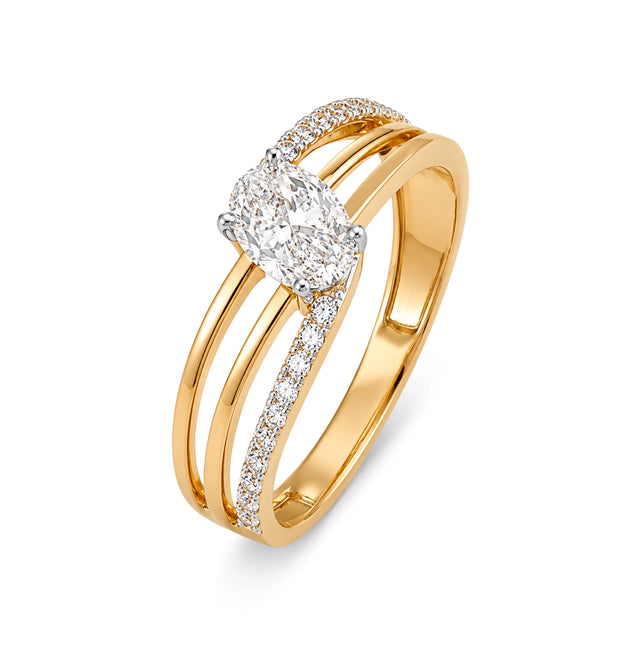 Triple Band Pave Solitaire Ring, Yellow Gold