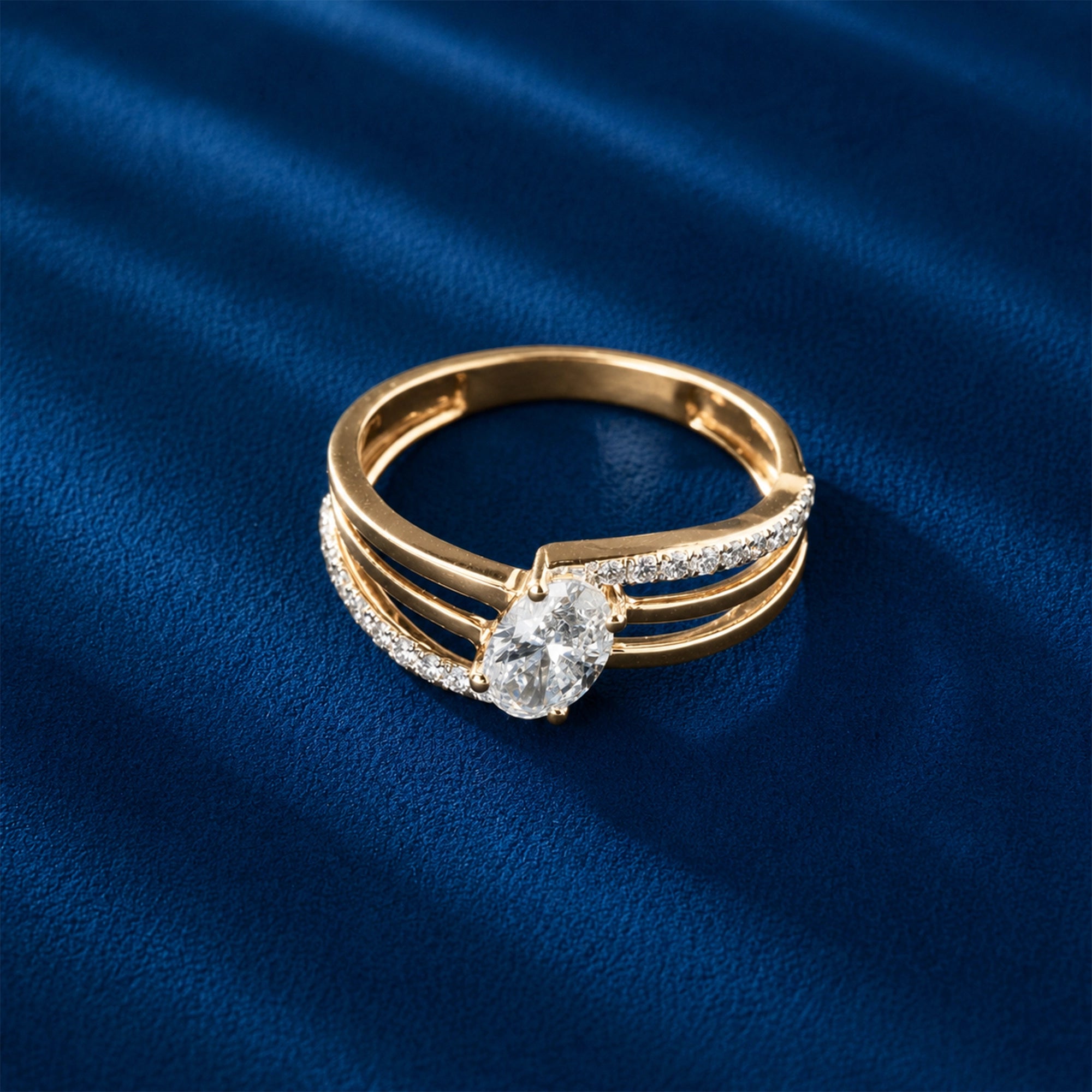 Triple Band Pave Solitaire Ring, Yellow Gold