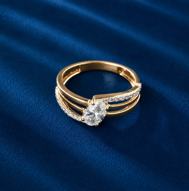 Triple Band Pave Solitaire Ring, Yellow Gold