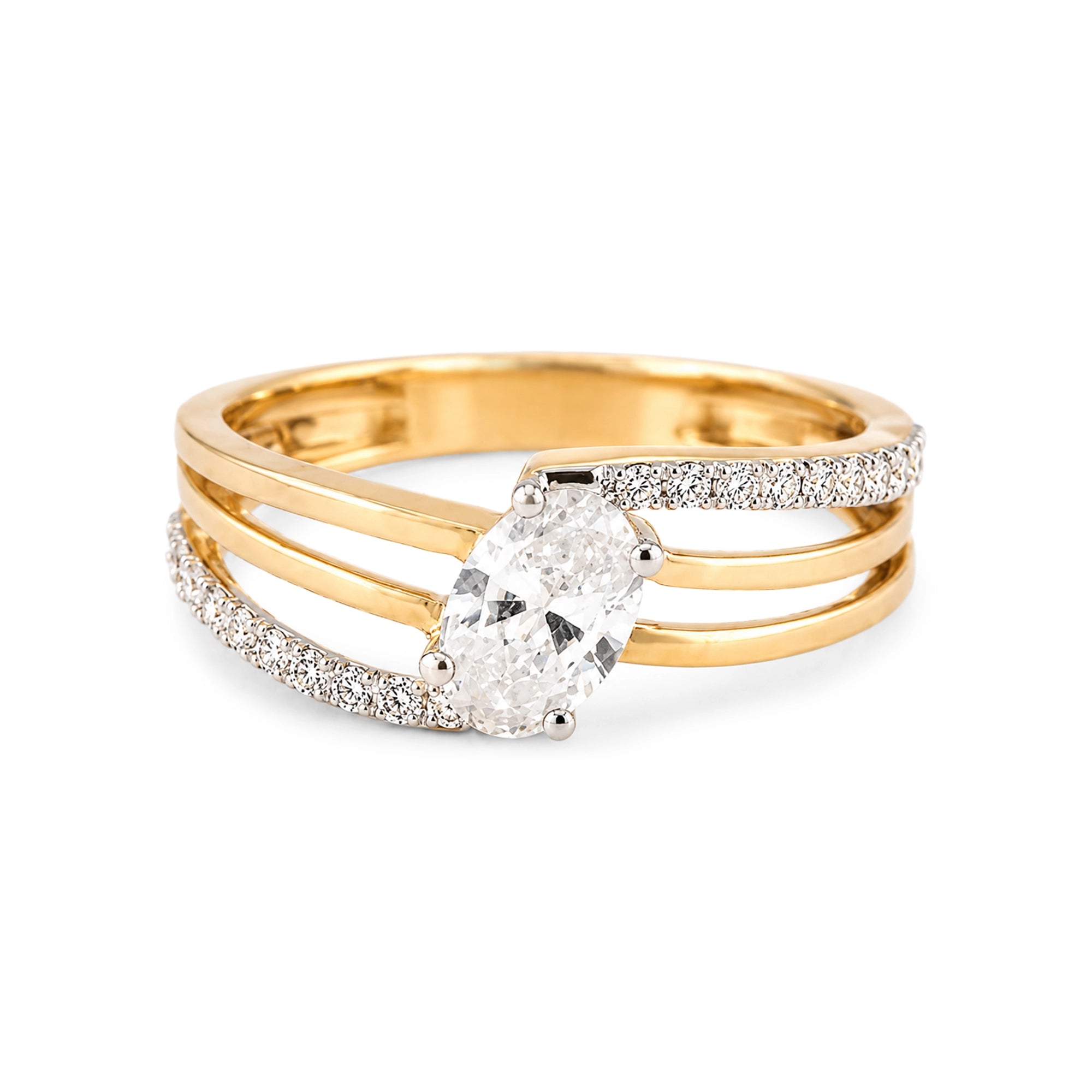 Triple Band Pave Solitaire Ring, Yellow Gold