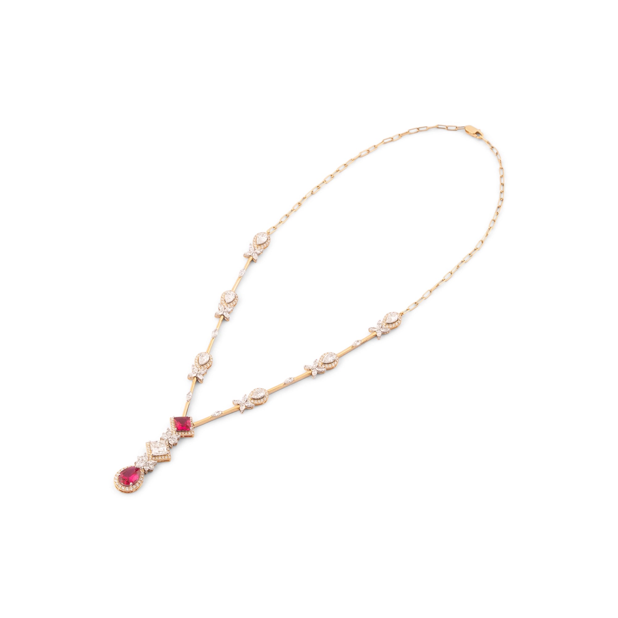 Ruby Pear & Princess Cut Diamond Station Drop Necklace