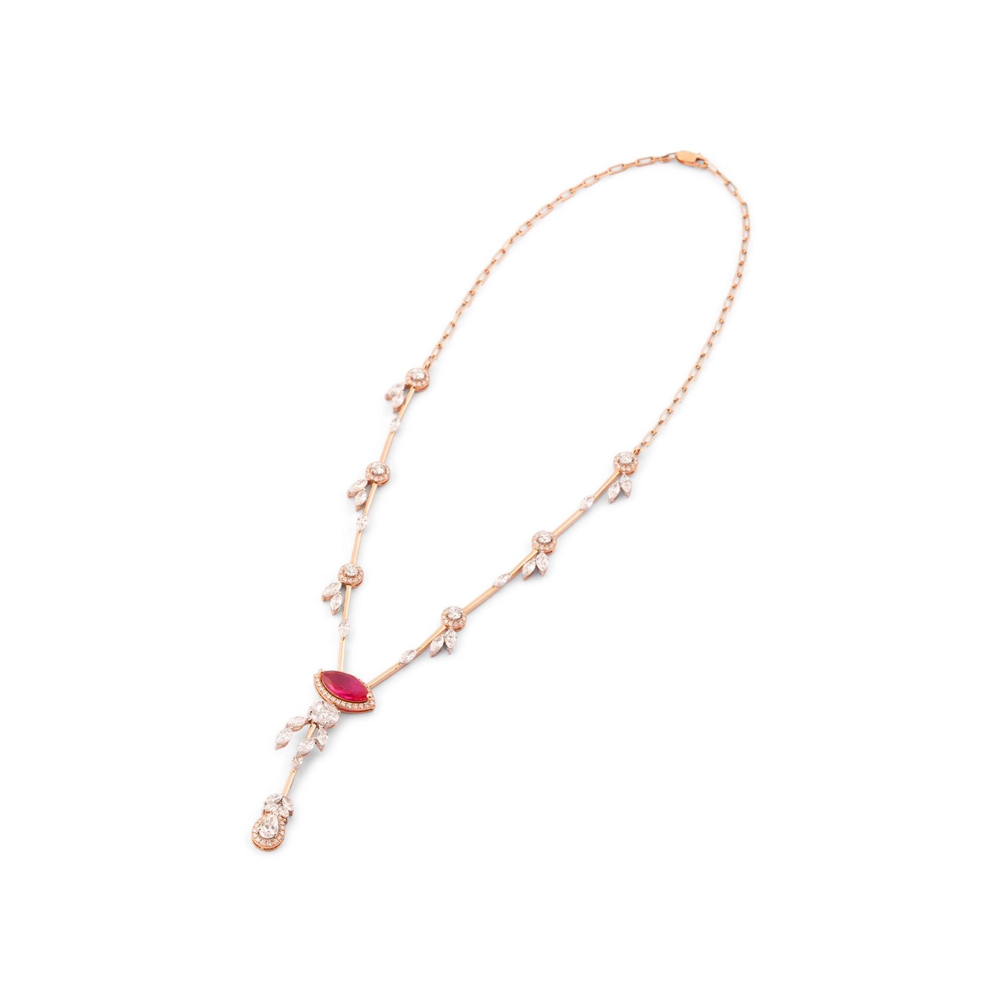 Ruby Marquise & Diamond Leaf Station Lariat Necklace