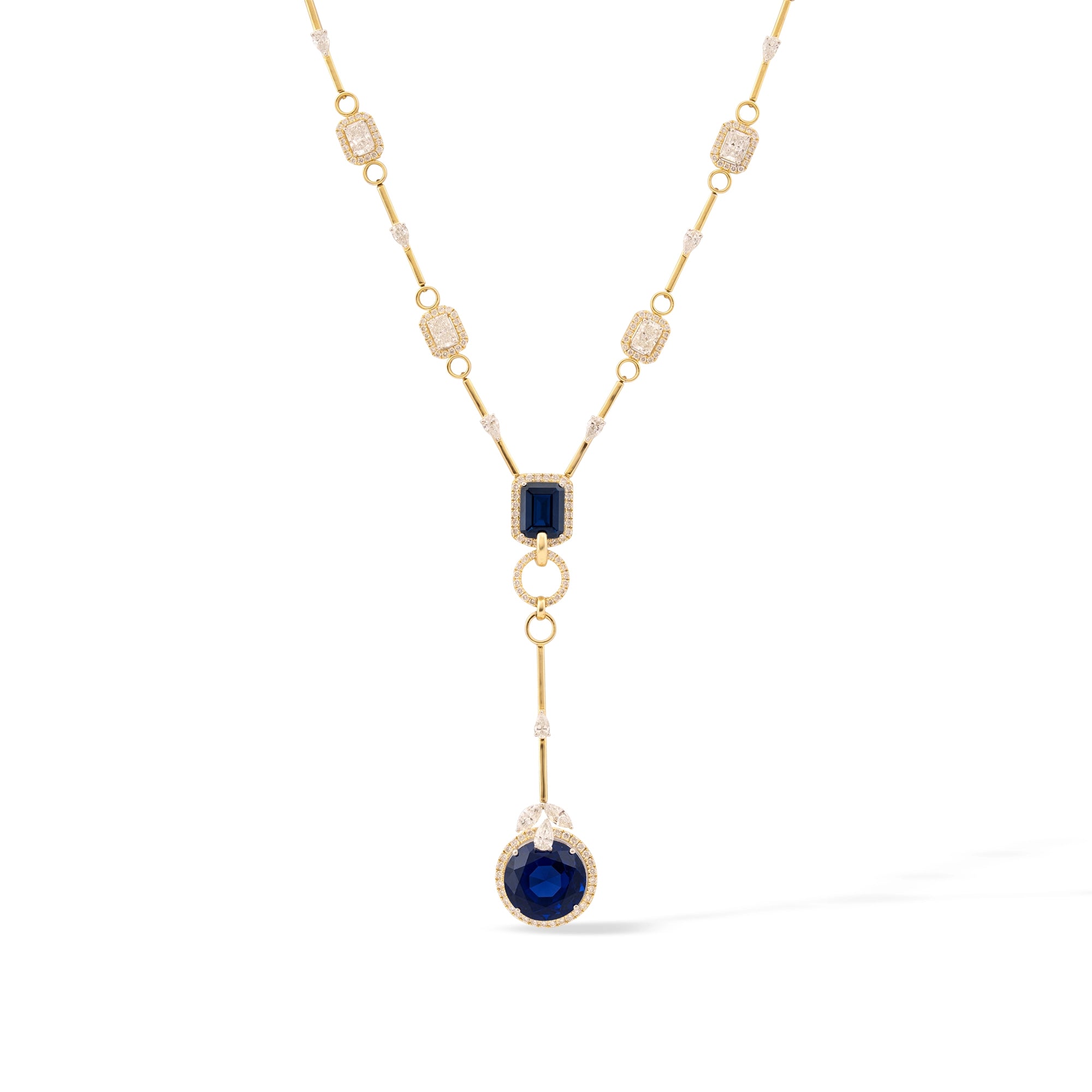 Sapphire & Diamond Radiant Halo Station Lariat Necklace