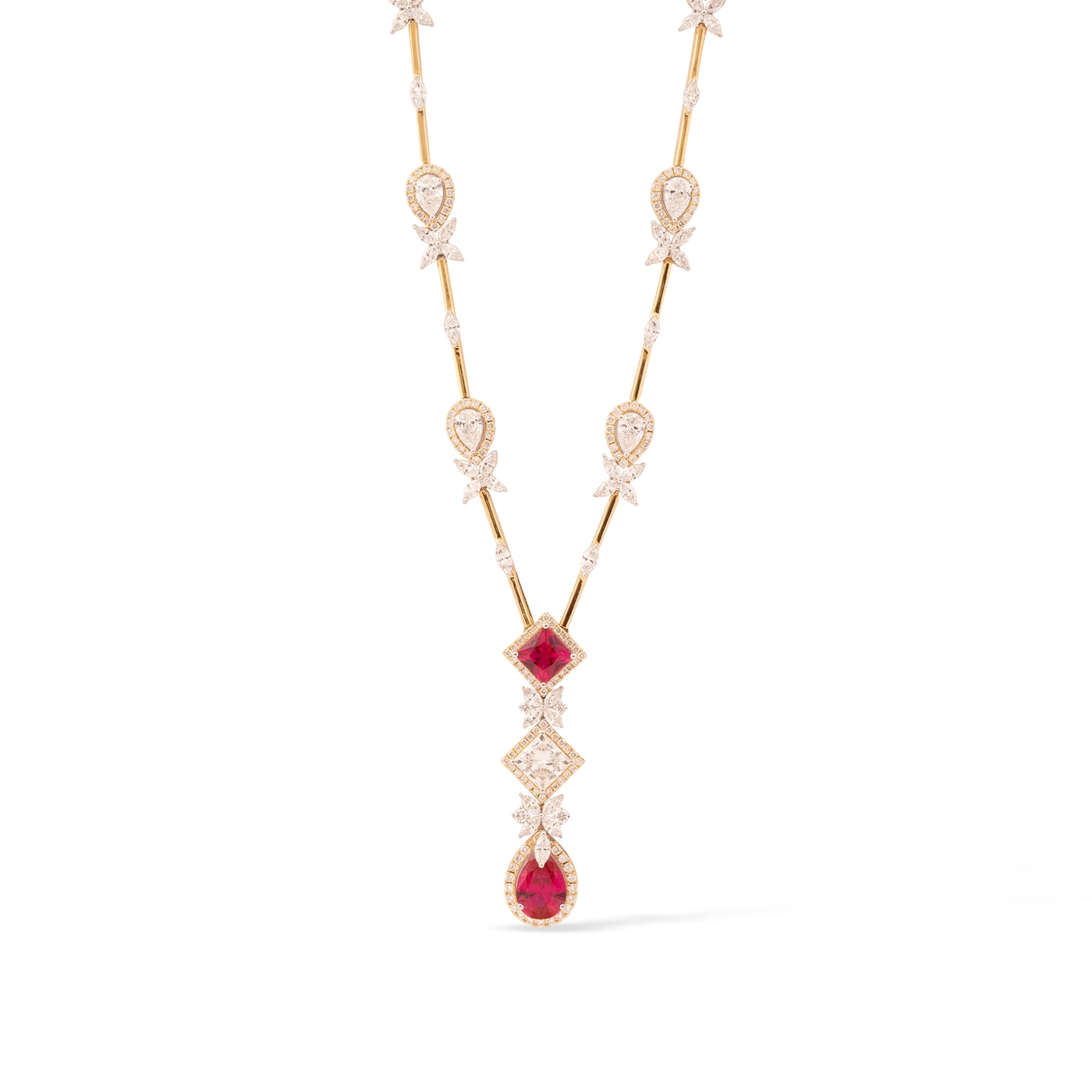 Ruby Pear & Princess Cut Diamond Station Drop Necklace