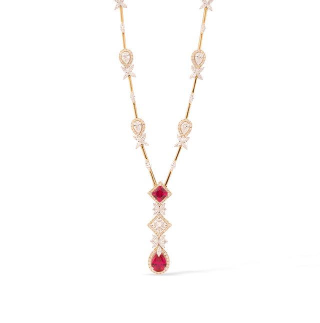 Ruby Pear & Princess Cut Diamond Station Drop Necklace