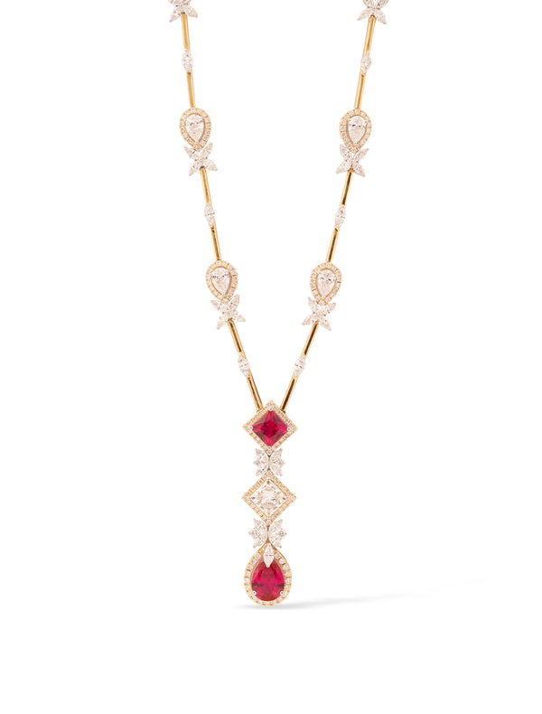 Ruby Pear & Princess Cut Diamond Station Drop Necklace