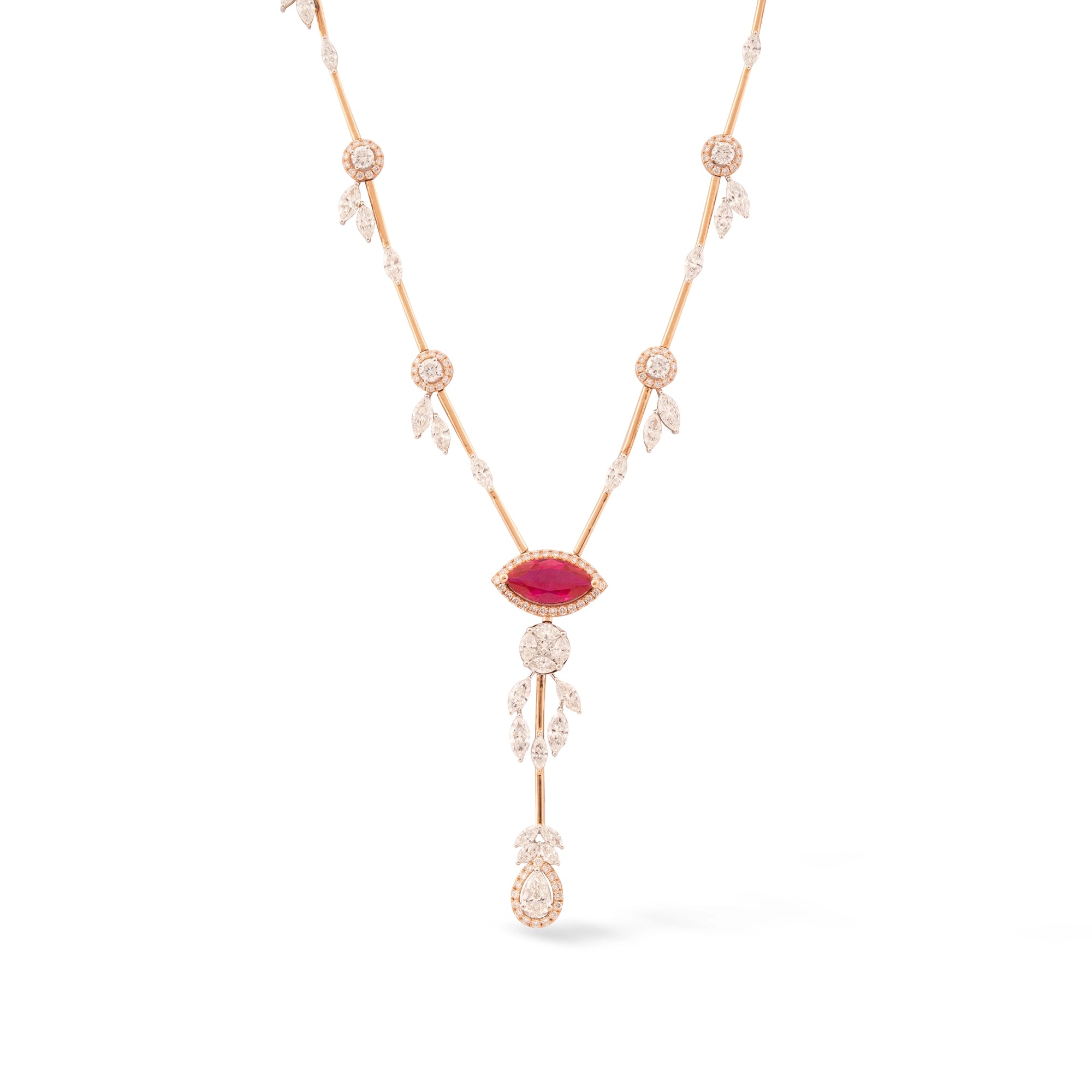 Ruby Marquise & Diamond Leaf Station Lariat Necklace