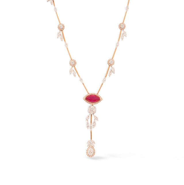 Ruby Marquise & Diamond Leaf Station Lariat Necklace