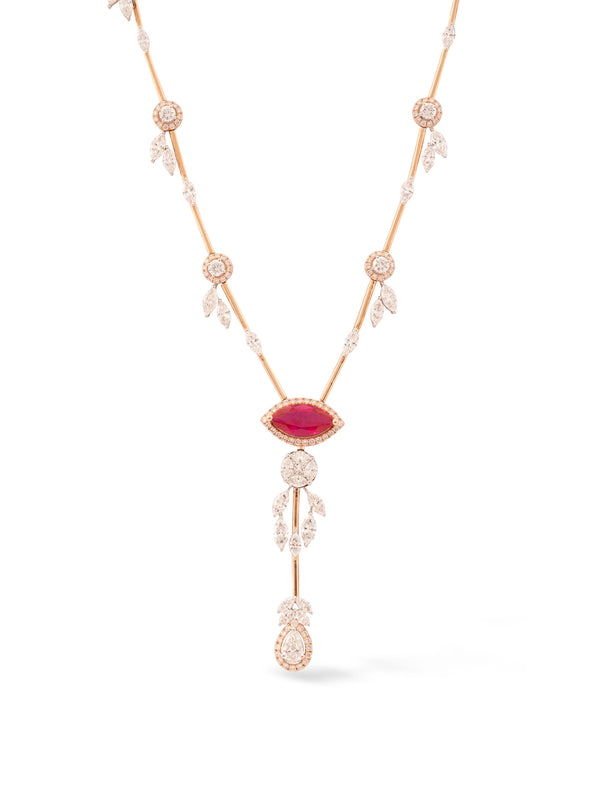 Ruby Marquise & Diamond Leaf Station Lariat Necklace
