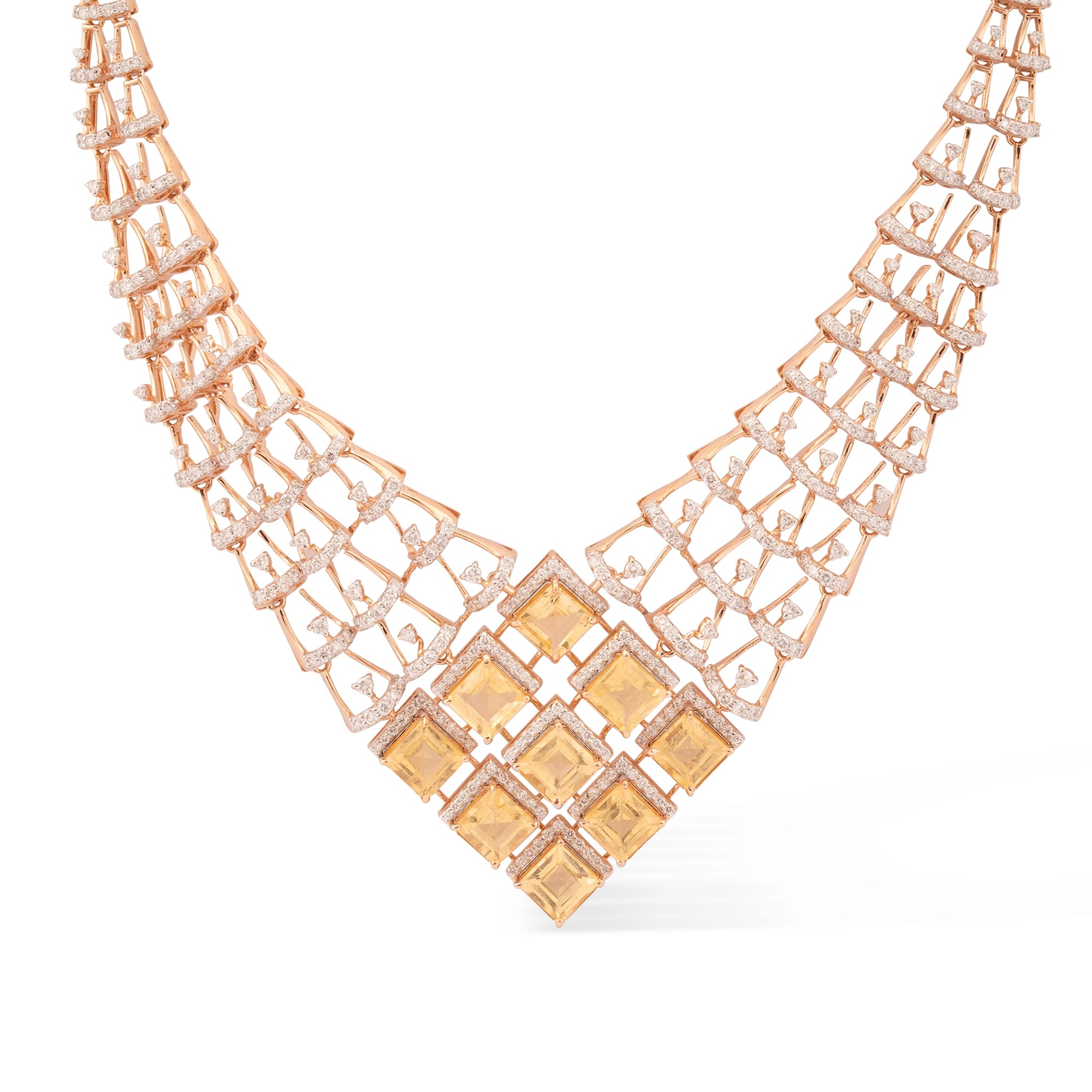 Yellow Sapphire Princess Cut Grid Bib Necklace