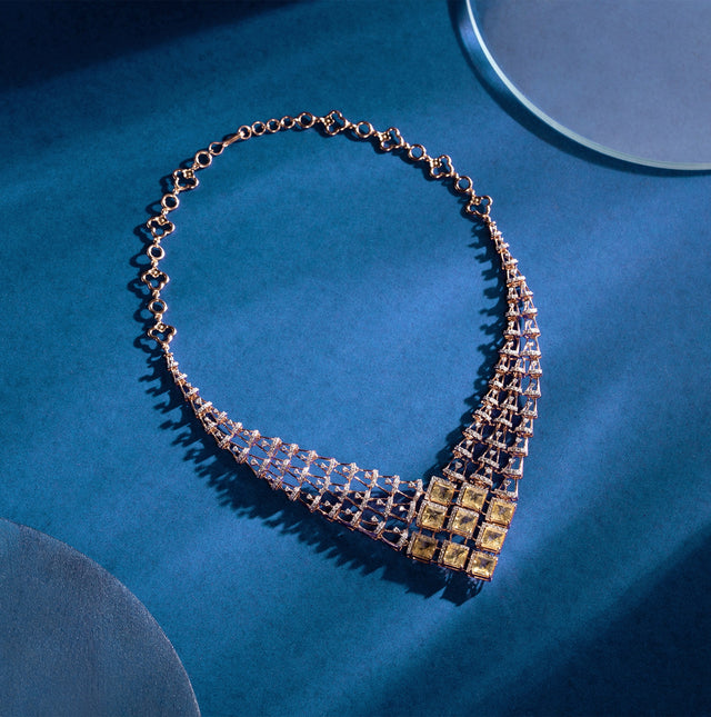 Yellow Sapphire Princess Cut Grid Bib Necklace