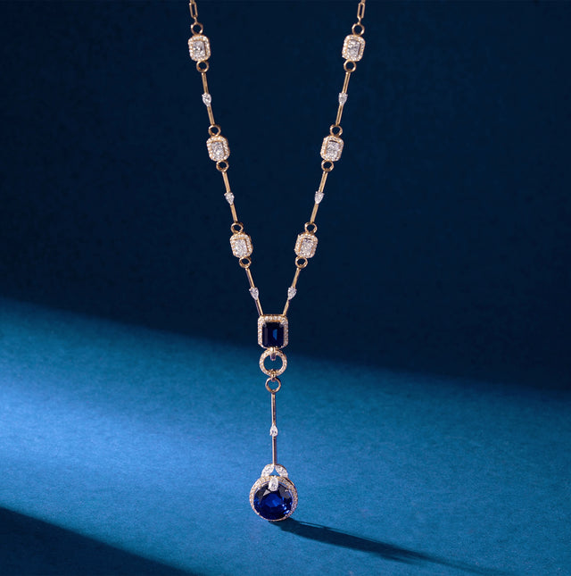 Sapphire & Diamond Radiant Halo Station Lariat Necklace